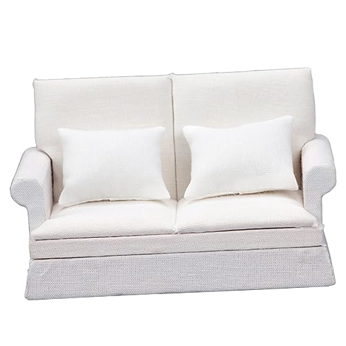 ifundom Puppenstubensofa Mini-Sofa Ästhetische Raumdekoration Kleiner Spiegel Dekorative Kissen Puppencouch Miniatur-puppenhaus Wohnzimmer Teppich Teppiche Sofas Weiß Holz von ifundom