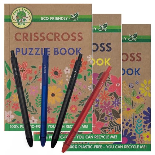 ihoot A5 umweltfreundliches Kreuzworträtsel-Bundle mit Kreuzworträtseln, Puzzlebücher für Erwachsene und Jugendliche, 3 x plastikfreie Wortsuchbücher plus eine praktische Packung mit 4 Stiften von ihoot