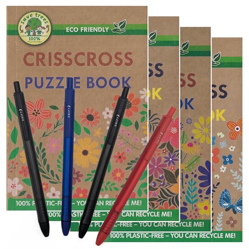 ihoot A5 umweltfreundliches Kreuzworträtsel-Bundle mit Kreuzworträtseln, Puzzlebücher für Erwachsene und Jugendliche, 4 x plastikfreie Wortsuchbücher plus eine praktische Packung mit 4 Stiften von ihoot