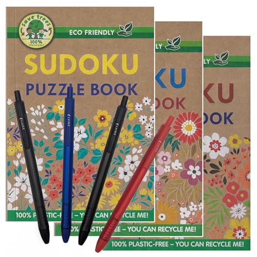 ihoot A5 umweltfreundliches Sudoku-Bücher-Bundle | Puzzlebücher für Erwachsene und Jugendliche | 3 x plastikfreie Sudoku plus eine praktische Packung mit 4 Stiften | Denkaufgaben | 130+ Puzzles in von ihoot