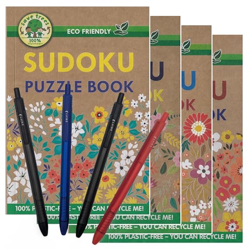 ihoot A5 umweltfreundliches Sudoku-Bücher-Bundle | Puzzlebücher für Erwachsene und Jugendliche | 4 x plastikfreie Sudoku plus eine praktische Packung mit 4 Stiften | Denkaufgaben | 130+ Puzzles in von ihoot