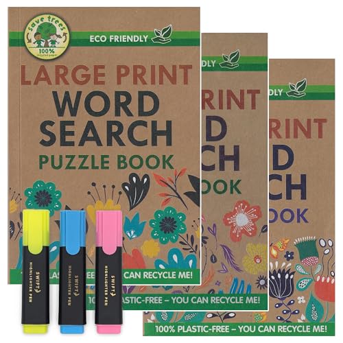 ihoot Umweltfreundliches A5-Wordsuch-Bundle mit großem Druck, Wortsuchbücher für Erwachsene und Jugendliche, 3 x plastikfreie Wortsuchbücher plus eine Packung mit 3 Textmarkern, Denkaufgaben, 70+ von ihoot