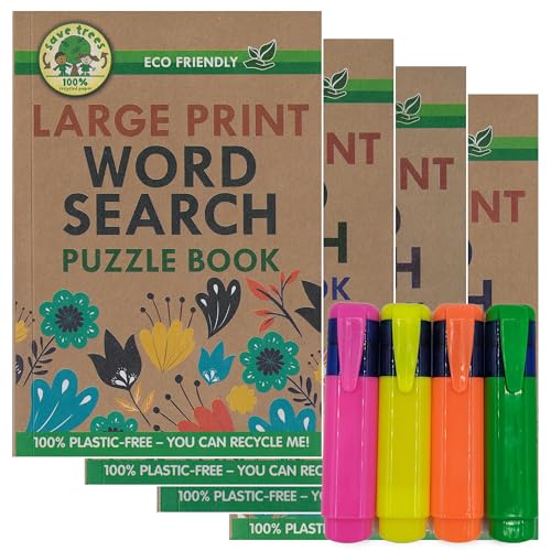 ihoot Umweltfreundliches A5-Wordsuch-Bundle mit großem Druck, Wortsuchbücher für Erwachsene und Jugendliche, 4 x plastikfreie Wortsuchbücher plus eine Packung mit 4 Textmarkern, Denkaufgaben, 70+ von ihoot
