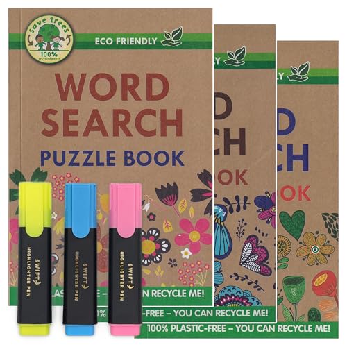 ihoot Umweltfreundliches Wortsuch-Bundle im A5-Format, Wortsuchbücher für Erwachsene und Jugendliche, 3 x plastikfreie Wortsuchbücher plus eine praktische Packung mit 3 Textmarkern, Denkaufgaben, 130+ von ihoot