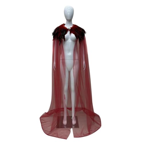 ihreesy Gothic Feder Achselzucken Schalkragen Halskette mit Umhang Schal,Damen Federumhang Kostüm Bühne Schalkragen Cape Schal Federumhang Kostüm Bühne Schalkragen Cosplay Verkleidung,180cm Rot #A von ihreesy