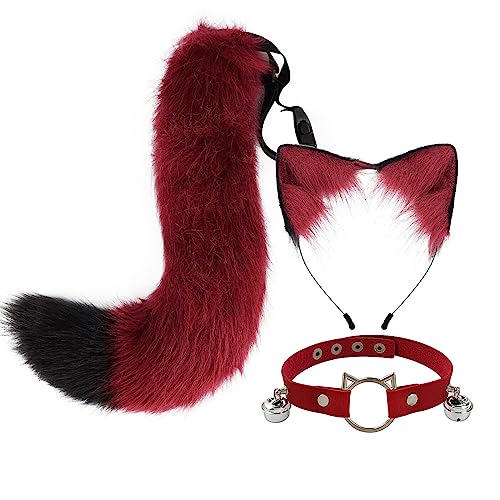 ihreesy Katzenohren-Stirnband und Halsband-Set, Niedliche Kunstfell Haarspange Kopfschmuck Halsband Schwanz Choker Kunstpelz Fuchsschwanz für Cosplay-Kostüme Halloween,Rot von ihreesy