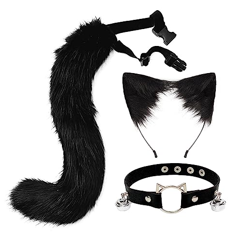 ihreesy Katzenohren-Stirnband und Halsband-Set, Niedliche Kunstfell Haarspange Kopfschmuck Halsband Schwanz Choker Kunstpelz Fuchsschwanz für Cosplay-Kostüme Halloween,Schwarz von ihreesy