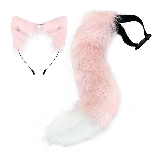 ihreesy Kunstfell Fuchsohren Schwanz Set, Niedlich Haarspangen Tierohren Stirnbänder Clips Verstellbar Kunstpelz Fuchsschwanz Kostüme für Cosplay Kostüm Halloween,Rosa von ihreesy