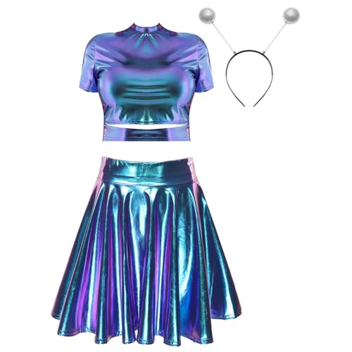 iiniim 3tlg.Damen Alien Kostüm Metallic Crop Top + Minirock + Haarreif Holographic Space Girl Kostüm Karneval Fasching Rave Party Tanzkostüm Blau L von iiniim