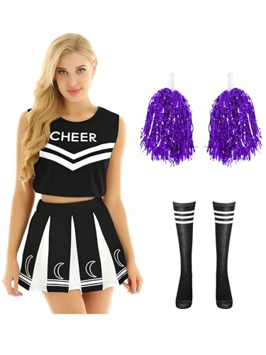iiniim 4Pcs Damen Cheer Leader Kostüm Cheerleading Kleid Crop Tops + Rock Socken Pompoms Cheer Tanzkleid Halloween Fasching Karneval Kostüm Schwarz XL iiniim 4Pcs Damen Cheer Leader Kostüm Cheerleading Kleid Crop Tops + Rock Socken Pompoms Cheer Tanzkleid Halloween Fasching Karneval Kostüm Schwarz XL von iiniim