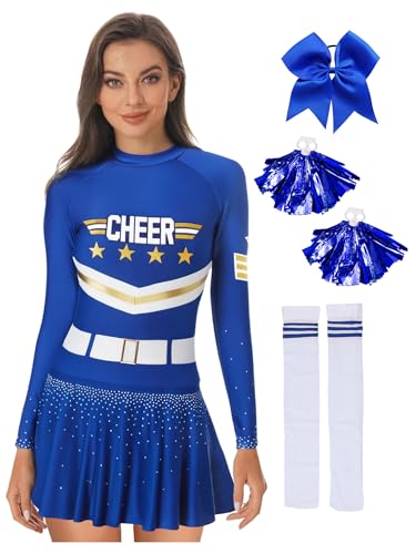 iiniim 4Pcs Damen Cheer Leader Kostüm Cheerleading Kleid mit Socken Pompoms Haarband Langarm Cheer Tanzkleid Halloween Fasching Karneval Kostüm Royal Blau L iiniim 4Pcs Damen Cheer Leader Kostüm Cheerleading Kleid mit Socken Pompoms Haarband Langarm Cheer Tanzkleid Halloween Fasching Karneval Kostüm Royal Blau L von iiniim