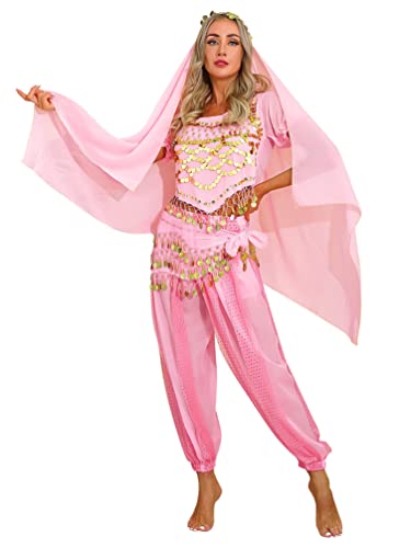 iiniim 4tlg.Bauchtanz Kostüm Damen Orientalische Indische Bauchtänzerin Verkleidung Halloween Fasching Karneval Party Tanzkleidung Aa Rosa Einheitsgröße von iiniim