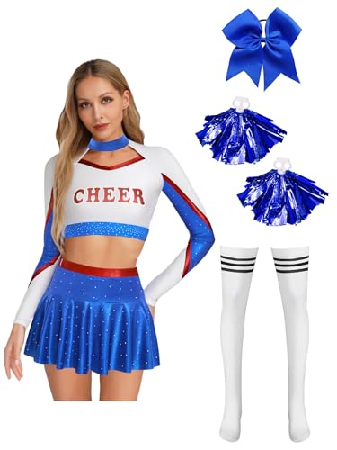 iiniim 5tlg.Damen Cheer Leader Kostüm Cheerleading Uniform Langarm Crop Tops mit Minirock Pompoms Cheerleading Tanzkleid Für Halloween Karneval Fasching Royal Blau XL von iiniim