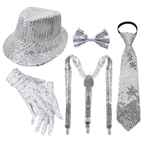 iiniim 70er Jahre Disco Glitzernder Pailletten Fedora Hut Mit Vorgebundenem Krawattenhandschuh Für Jazz Dance Funky Kostümparty Typ C Silber 5 Stück Einheitsgröße iiniim 70er Jahre Disco Glitzernder Pailletten Fedora Hut Mit Vorgebundenem Krawattenhandschuh Für Jazz Dance Funky Kostümparty Typ C Silber 5 Stück Einheitsgröße von iiniim