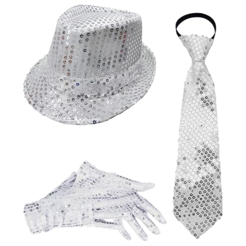 iiniim 70er Jahre Disco Glitzernder Pailletten Fedora Hut Mit Vorgebundenem Krawattenhandschuh Für Jazz Dance Funky Kostümparty Typ E Silber 3 Stück Einheitsgröße iiniim 70er Jahre Disco Glitzernder Pailletten Fedora Hut Mit Vorgebundenem Krawattenhandschuh Für Jazz Dance Funky Kostümparty Typ E Silber 3 Stück Einheitsgröße von iiniim