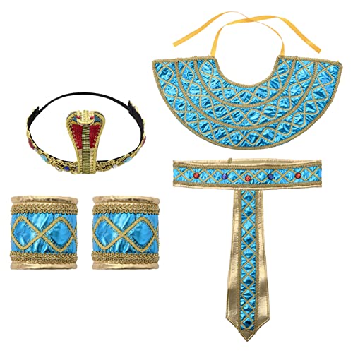 iiniim Ägyptischer Pharao Königin Kostüm Set Pharao Hut mit Gürtel Halskragen Armmanschetten Zepter Cosplay Performance Fasching Pharaonen-Kostüm Zubehör Gold&Blau A One Size von iiniim