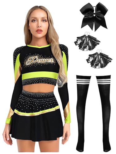 iiniim Cheer Leader Kostüm Damen Cheerleading Uniform 5tlg.Langarm Crop Tops mit Minirock Cheerleading Tanzkleid Cheer Tanzkostüm Fluoreszierendes Gelb XXL von iiniim