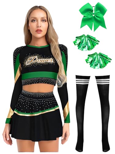 iiniim Cheer Leader Kostüm Damen Cheerleading Uniform 5tlg.Langarm Crop Tops mit Minirock Cheerleading Tanzkleid Cheer Tanzkostüm Grün XXL von iiniim