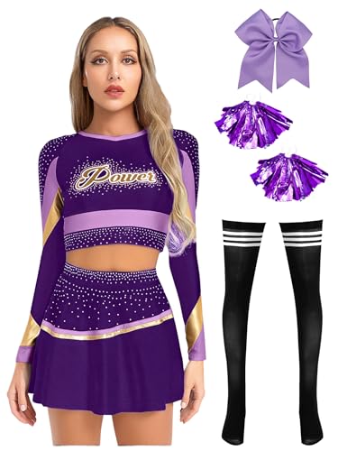 iiniim Cheer Leader Kostüm Damen Cheerleading Uniform 5tlg.Langarm Crop Tops mit Minirock Cheerleading Tanzkleid Cheer Tanzkostüm Lila XL von iiniim