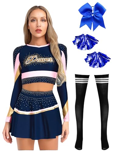 iiniim Cheer Leader Kostüm Damen Cheerleading Uniform 5tlg.Langarm Crop Tops mit Minirock Cheerleading Tanzkleid Cheer Tanzkostüm Rosa S von iiniim
