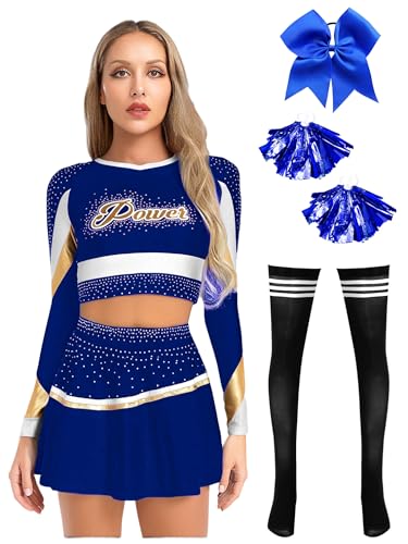 iiniim Cheer Leader Kostüm Damen Cheerleading Uniform 5tlg.Langarm Crop Tops mit Minirock Cheerleading Tanzkleid Cheer Tanzkostüm Royal Blau XXL von iiniim