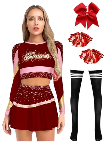iiniim Cheer Leader Kostüm Damen Cheerleading Uniform 5tlg.Langarm Crop Tops mit Minirock Cheerleading Tanzkleid Cheer Tanzkostüm Weinrot XXL von iiniim
