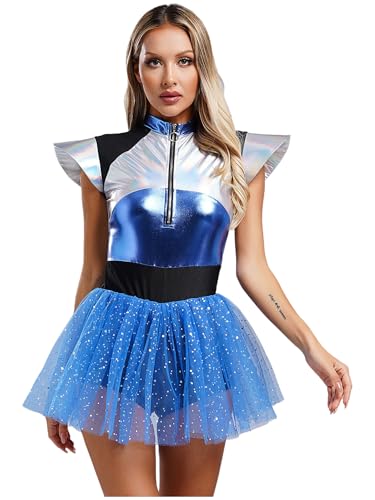 iiniim Damen Alien Kostüm Glänzend Metallic Kleid mit Tütü Rock Space Girl Kleid Weltall Astronauten Kostüm Halloween Karneval Faschingskostüme Blau XXL von iiniim
