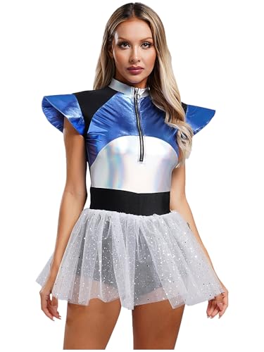 iiniim Damen Alien Kostüm Glänzend Metallic Kleid mit Tütü Rock Space Girl Kleid Weltall Astronauten Kostüm Halloween Karneval Faschingskostüme Silber S von iiniim