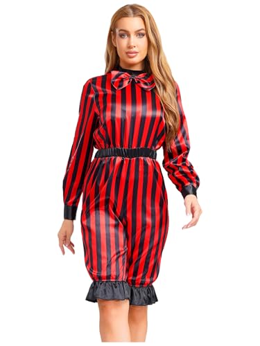 iiniim Damen Böser Zirkusclown Cosplay Kostüm Einteilig Langärmlig Gestreifter Overall Jumpsuit Halloween Rot Schwarz XXL von iiniim