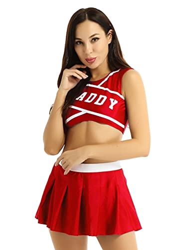 iiniim Damen Cheer Leader Cheerleading Kostüm Crop Tops mit Faltenrock Schulmädchen Uniform Halloween Kostüm Fasching Karneval Verkleidung Rot B L von iiniim