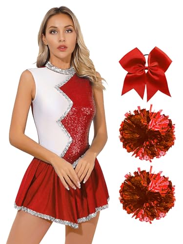 iiniim Damen Cheer Leader Cheerleading Kostüm Glitzer Kleid mit Pompoms Haarband Schulmädchen Uniform Halloween Karneval Fasching Rot XL iiniim Damen Cheer Leader Cheerleading Kostüm Glitzer Kleid mit Pompoms Haarband Schulmädchen Uniform Halloween Karneval Fasching Rot XL von iiniim