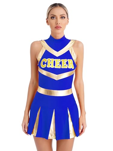 iiniim Damen Cheer Leader Kostüm Cheerleading Uniform Ärmellos Kleid Schulmädchen Kostüm Halloween Fasching Karneval Kostüm A Royal Blau XXL von iiniim