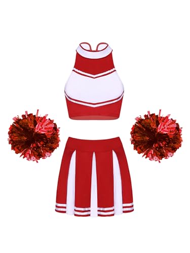 iiniim Damen Cheer Leader Kostüm Cheerleading Uniform Kleid mit Pompoms Tanzkleid Halloween Karneval Fasching Kostüm H Rot L von iiniim