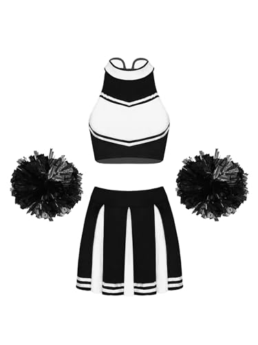 iiniim Damen Cheer Leader Kostüm Cheerleading Uniform Kleid mit Pompoms Tanzkleid Halloween Karneval Fasching Kostüm H Schwarz L von iiniim