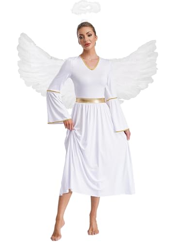 iiniim Damen Engelskostüm Engel Kleid Weihnachtsengel Kleid mit Engelsflügel Heiligenschein Griechische Göttin Kostüm Halloween Karneval Fasching Partykleid Weiß XXL von iiniim