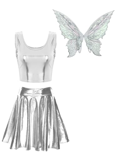 iiniim Damen Feen Kostüm Waldelfen Kostüm Feenkleid mit Schmetterlingsflügel Metallic Crop Tops + Minirock Faltenrock Karneval Fasching Kostüm Silber XL iiniim Damen Feen Kostüm Waldelfen Kostüm Feenkleid mit Schmetterlingsflügel Metallic Crop Tops + Minirock Faltenrock Karneval Fasching Kostüm Silber XL von iiniim