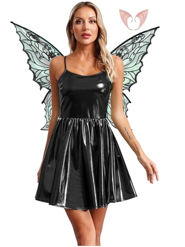 iiniim Damen Feenkostüm Feenkleid Metallic Elfenkleid Holographic Skaterkleid Partykleid mit Schmetterlings Feenflügel Elfenohren Karneval Fasching Kostüm Schwarz XXL iiniim Damen Feenkostüm Feenkleid Metallic Elfenkleid Holographic Skaterkleid Partykleid mit Schmetterlings Feenflügel Elfenohren Karneval Fasching Kostüm Schwarz XXL von iiniim
