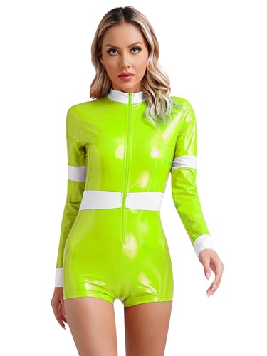 iiniim Damen Feuerwehr Kostüm Metallic Body Lackleder Bodysuit Catsuit Jumpsuit Kurz Overall Cosplay Karneval Faschingskostüm Fluoreszierendes Gelb XL von iiniim