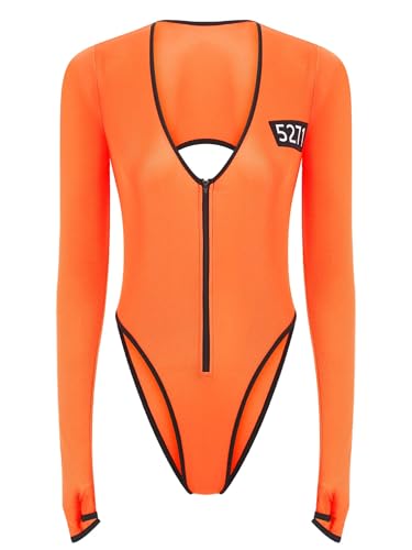 iiniim Damen Gefangener Kostüm Orange Sträfling Kostüm Prisoner Gefängnis Body Overall Langarm Bodysuit Für Halloween Karneval Fasching Orange XXL von iiniim