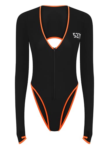 iiniim Damen Gefangener Kostüm Orange Sträfling Kostüm Prisoner Gefängnis Body Overall Langarm Bodysuit Für Halloween Karneval Fasching Schwarz XL von iiniim