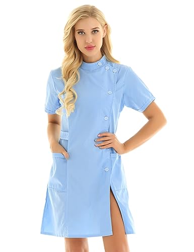 iiniim Damen Krankenschwester Kostüm Doktor Arzt Kostüm Uniform Kleid Medizin Arztkittel Laborkittel Mantel Berufsbekleidung S-XXL B Himmel Blau B XL von iiniim
