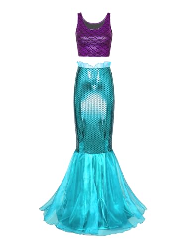 iiniim Damen Meerjungfrau Kostüm Crop Tops + Fischschuppenrock Mermaid Bühnenkostüm Halloween Kostüm Karneval Fasching Mottoparty A Lila&Blau 3XL von iiniim