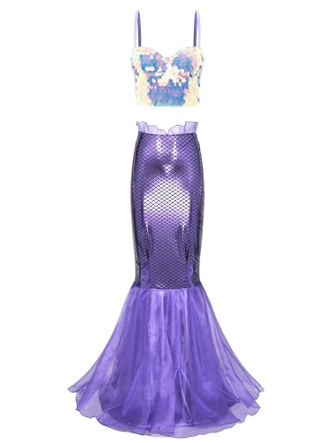 iiniim Damen Meerjungfrau Kostüm Crop Tops + Fischschuppenrock Mermaid Bühnenkostüm Halloween Kostüm Karneval Fasching Mottoparty B Lavendel&Lila S von iiniim