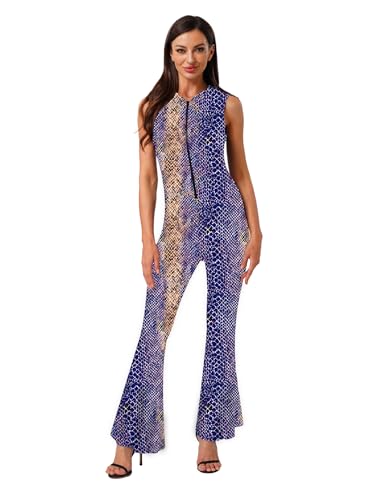 iiniim Damen Party Disco Tanzkostüm Frontreissverschluss Glockenmuster Schlaghose Kapuzenoverall Blau XXL von iiniim