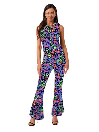 iiniim Damen Party Disco Tanzkostüm Frontreissverschluss Glockenmuster Schlaghose Kapuzenoverall Bunt XL von iiniim