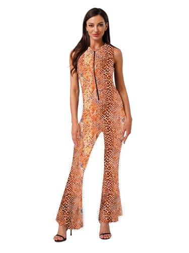 iiniim Damen Party Disco Tanzkostüm Frontreissverschluss Glockenmuster Schlaghose Kapuzenoverall Orange XXL von iiniim