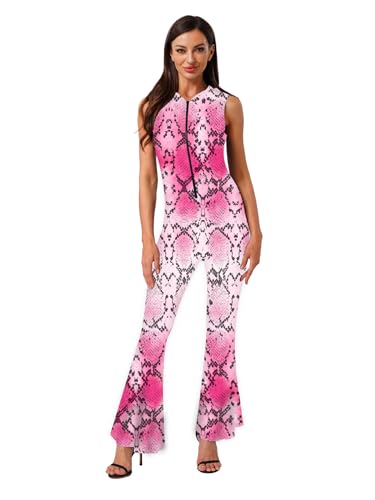 iiniim Damen Party Disco Tanzkostüm Frontreissverschluss Glockenmuster Schlaghose Kapuzenoverall Rosa XXL von iiniim