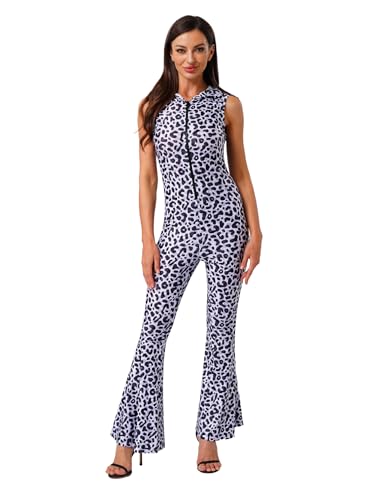 iiniim Damen Party Disco Tanzkostüm Frontreissverschluss Glockenmuster Schlaghose Kapuzenoverall Schwarz Weiß XXL von iiniim
