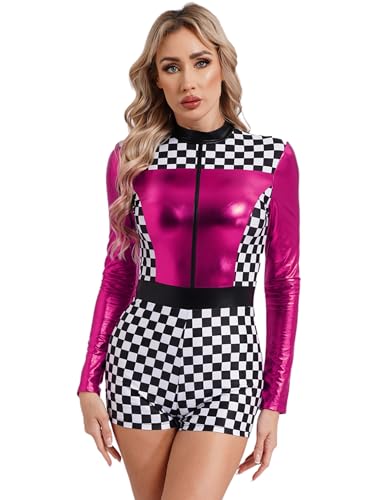 iiniim Damen Rennfahrer Kostüm Kariert Jumpsuit Overall Langarm Body Rennfahrer Uniform Halloween Karneval Fasching Kostüm Dunkel Rosa M von iiniim