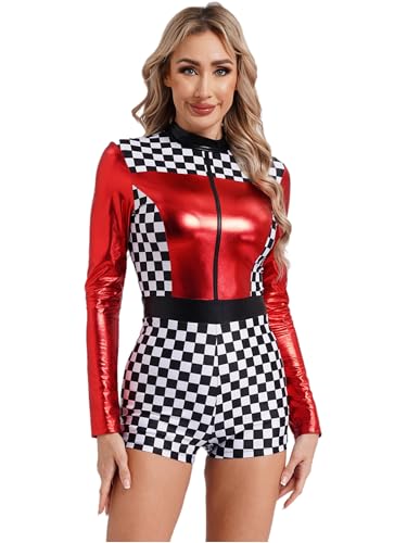 iiniim Damen Rennfahrer Kostüm Kariert Jumpsuit Overall Langarm Body Rennfahrer Uniform Halloween Karneval Fasching Kostüm Rot XL von iiniim